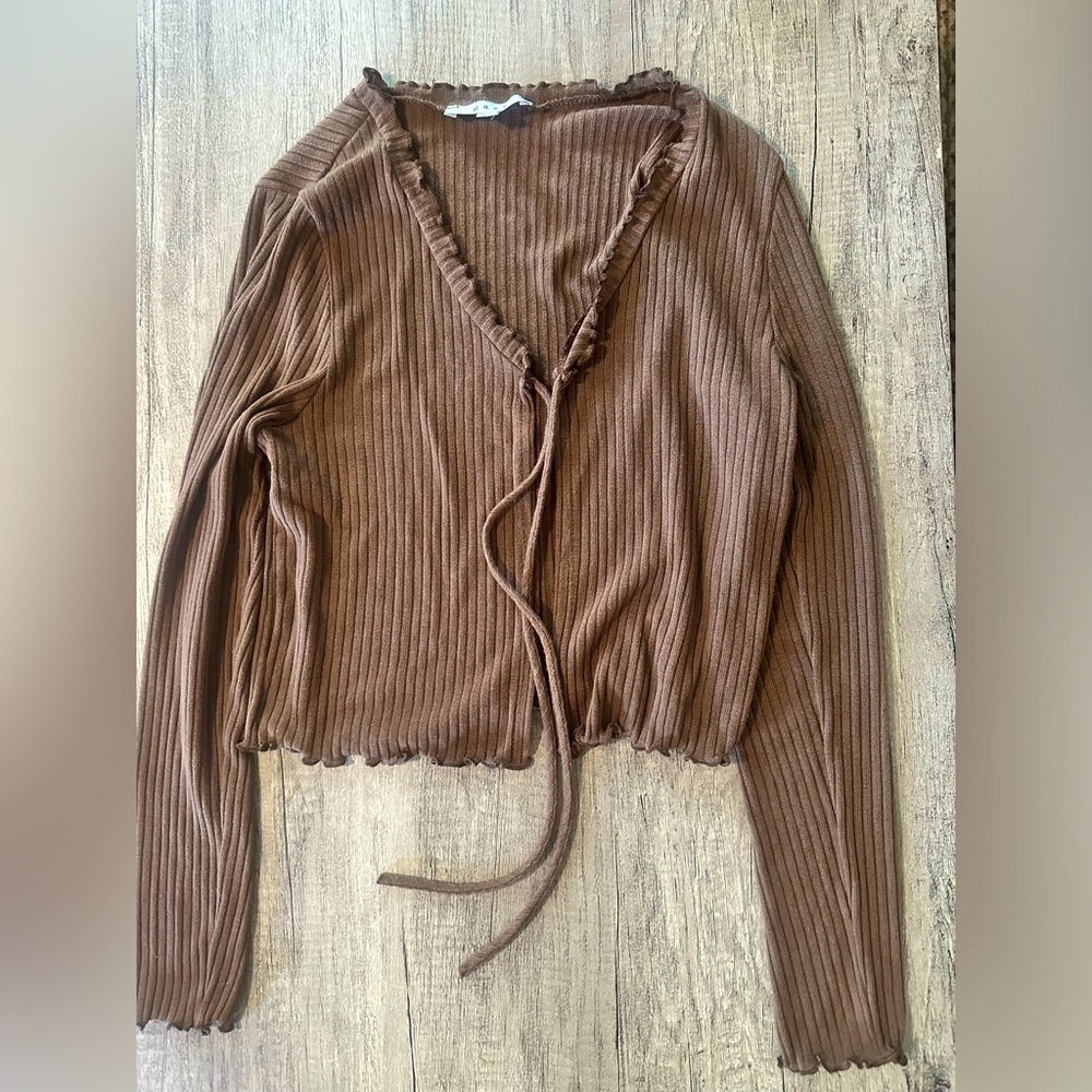 Gaze Brown Cropped Tie Front Cardigan